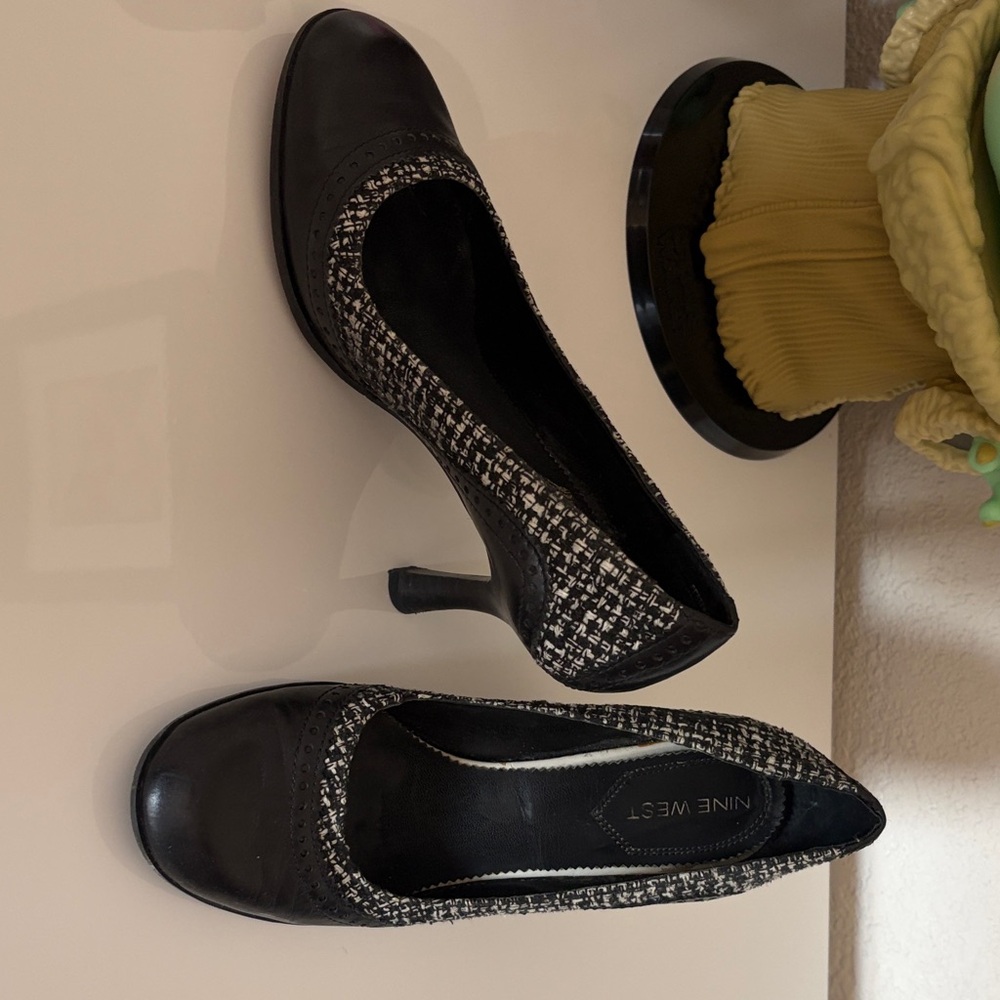 Nine West Black and White Tweed Mid-Heel Pumps
